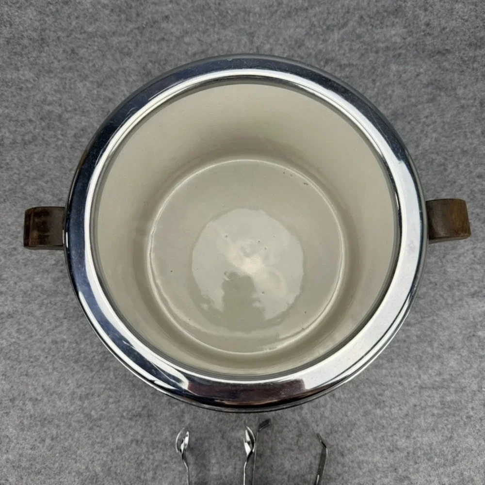 Vintage Keystone Chrome Ice Bucket Wood Handles Lid 2 Tongs Insulated Barware